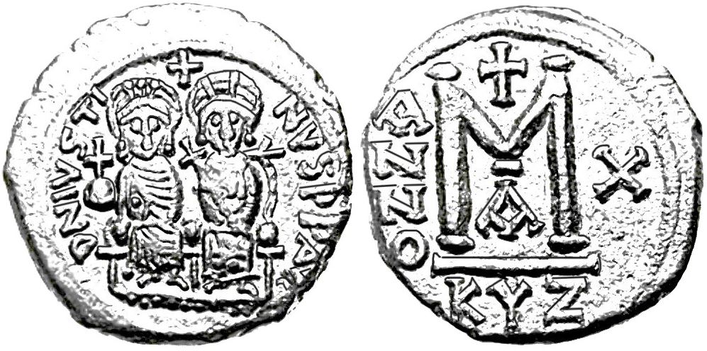 Byzantine follis of Justin II and Sophia